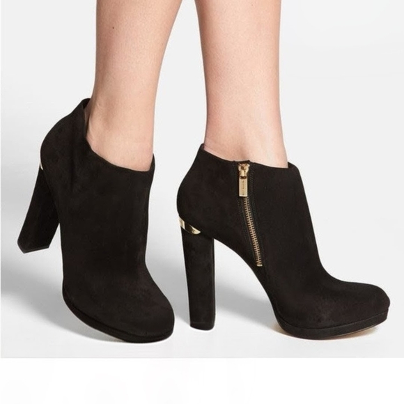 Michael Kors Shoes - Michael Kors Black Suede Haven Platform Ankle Booties with Gold Accents